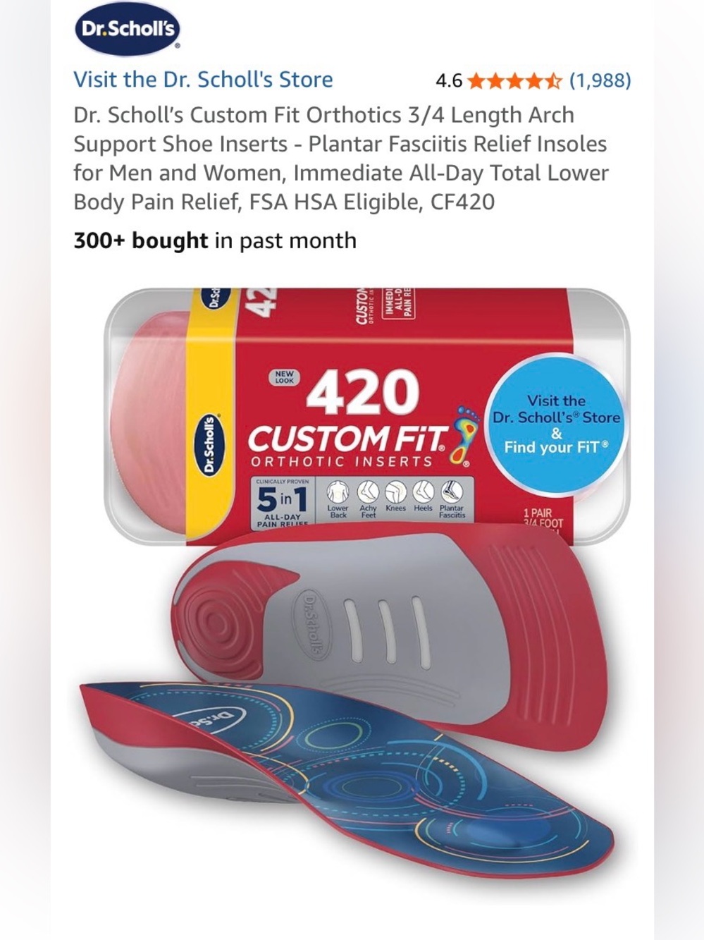 Dr. Scholl’s Custom Fit Orthotics 3/4 Length Arch Support Shoe Inserts